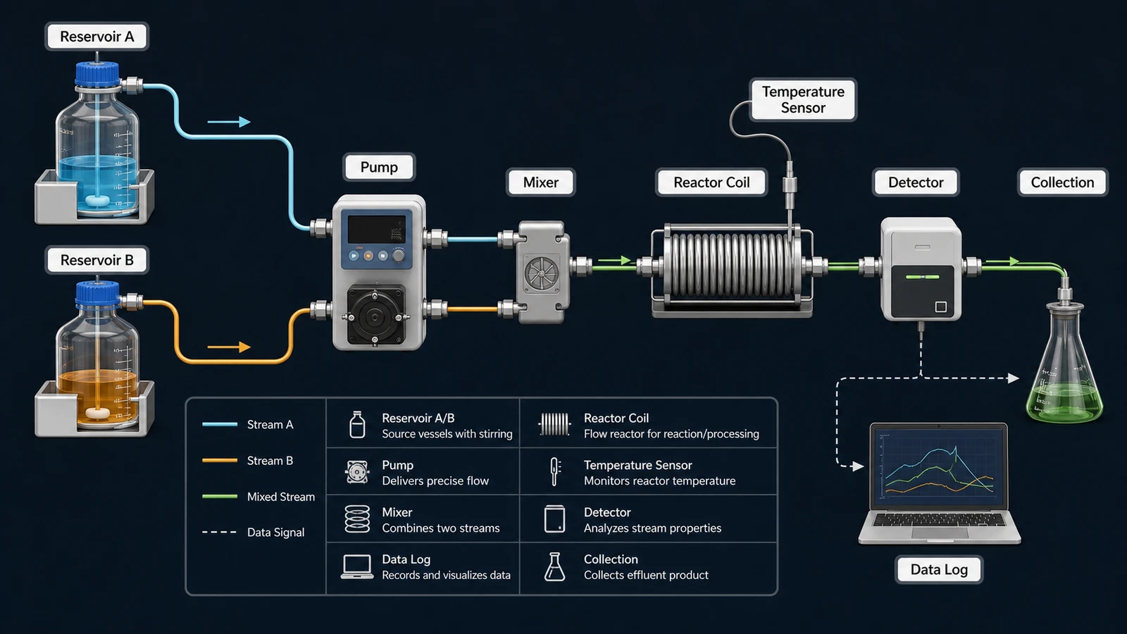 Diagramm des experimentellen Systems auf dunklem Hintergrund mit beschrifteten Behältern, Reaktor, Sensoren, Detektor und Sammlung