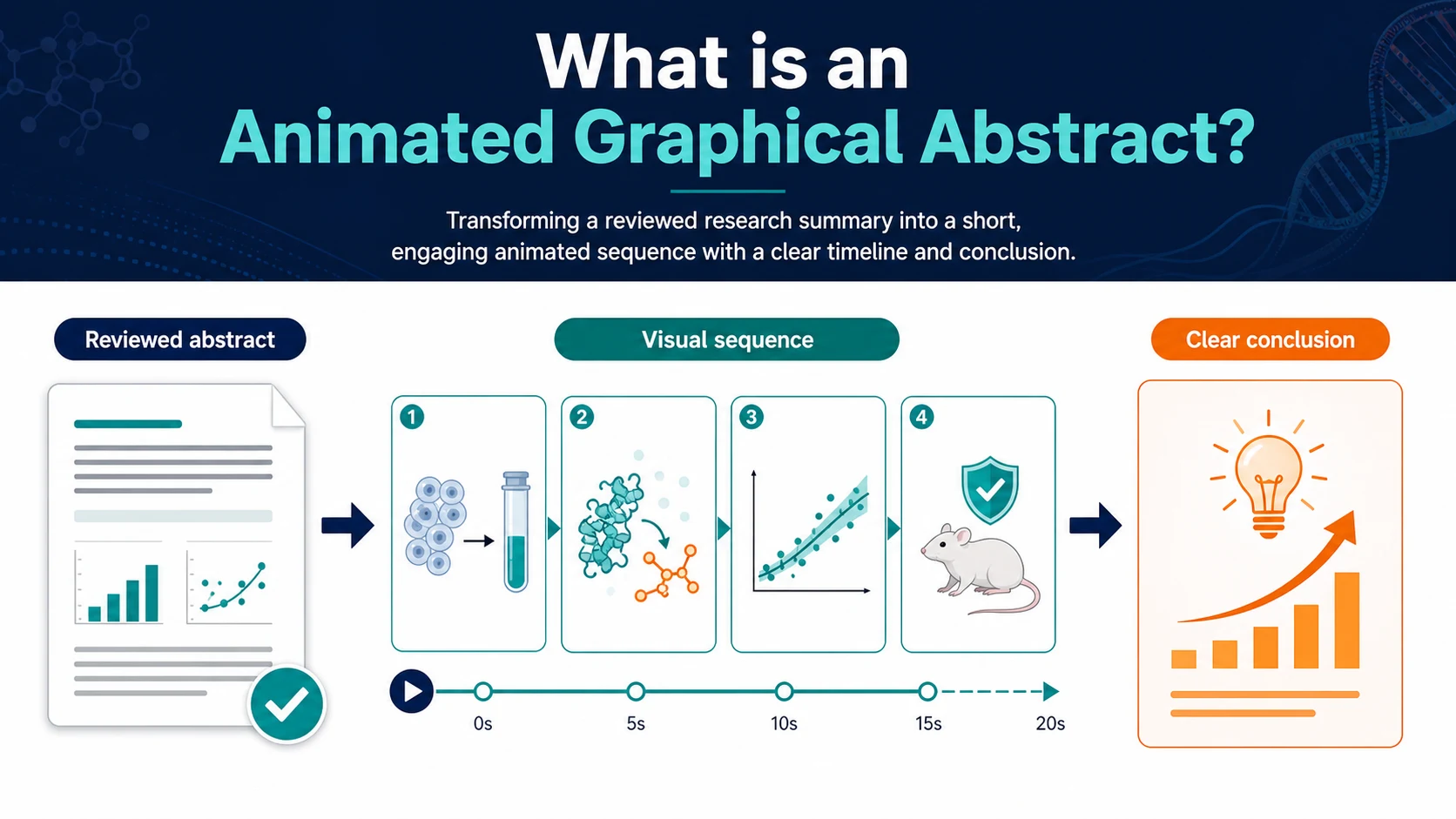 A reviewed graphical abstract becoming a short animated sequence with a clear conclusion