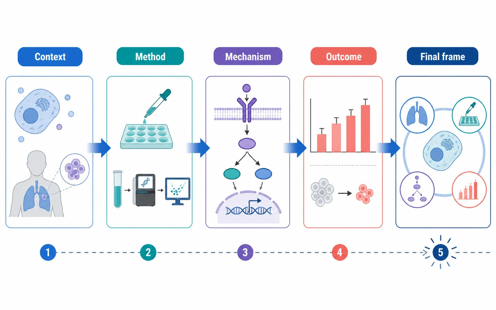 A graphical abstract reveal sequence moving from context and method to mechanism, outcome, and final frame