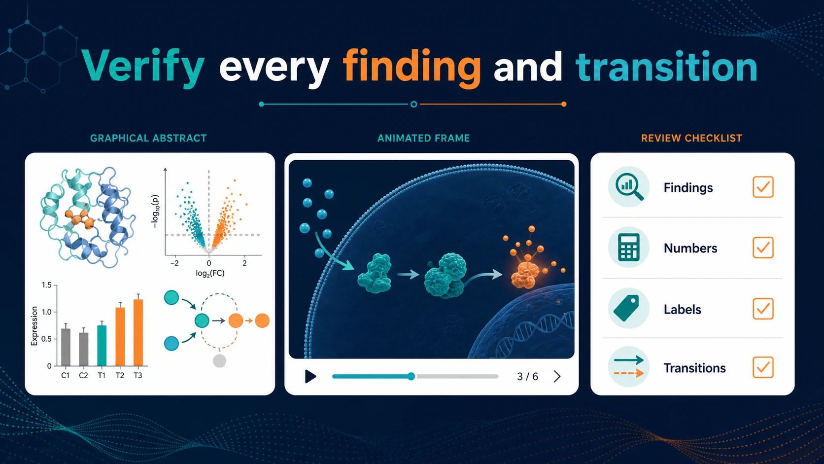 A review checklist for verifying findings, numbers, labels, and transitions in an animated abstract