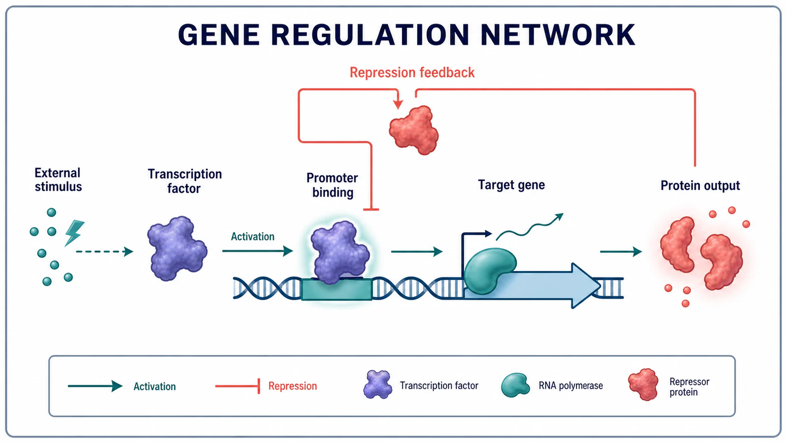 Genregulationsnetzwerk mit englischen Bezeichnungen für Stimulus, Transkriptionsfaktor, Promotor, Zielgen, Aktivierung und Repression