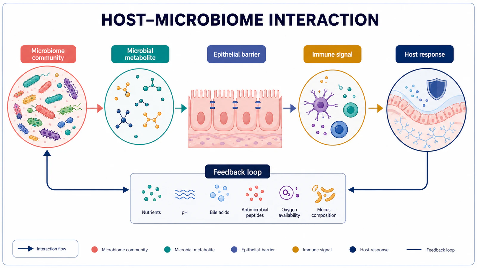 Vía de interacción huésped-microbioma con etiquetas en inglés para metabolitos microbianos, epitelio, señal inmune, respuesta del huésped y retroalimentación