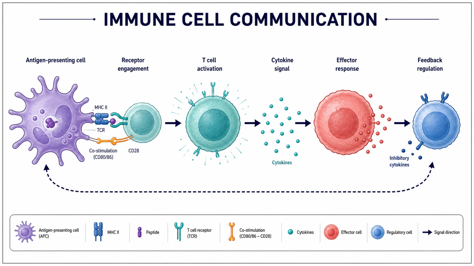Immunzell-Kommunikationsweg mit englischen Bezeichnungen für Antigenpräsentation, Rezeptoreingriff, Zytokinsignal, Reaktion und Feedback