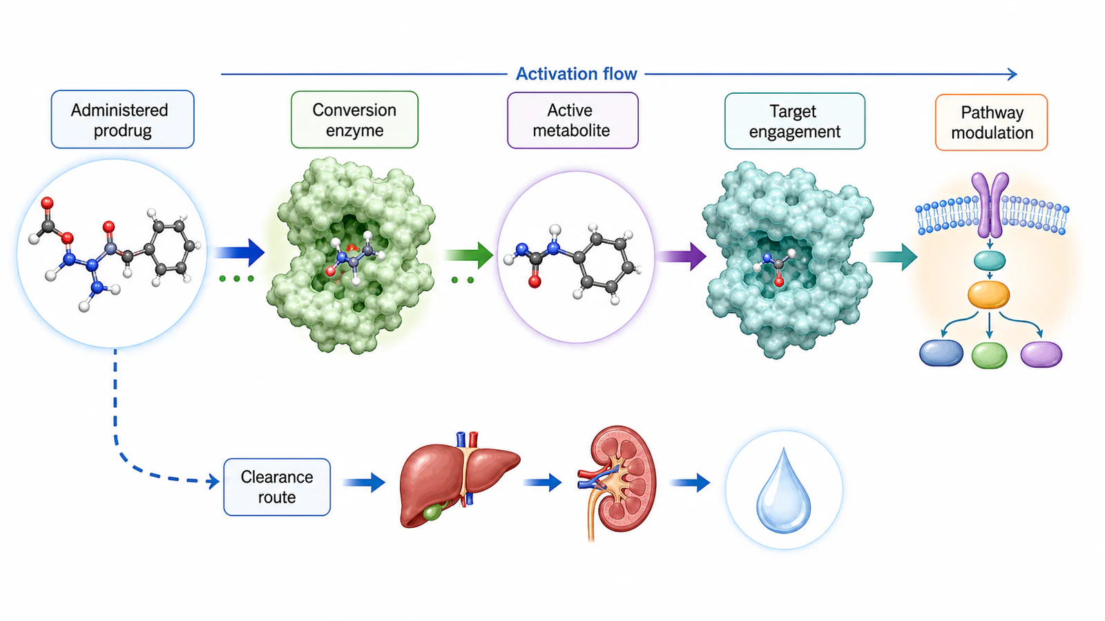 Vía conceptual de activación de profármacos con etiquetas en inglés para profármaco, enzima de conversión, metabolito activo, compromiso con el objetivo, modulación de la vía y eliminación.