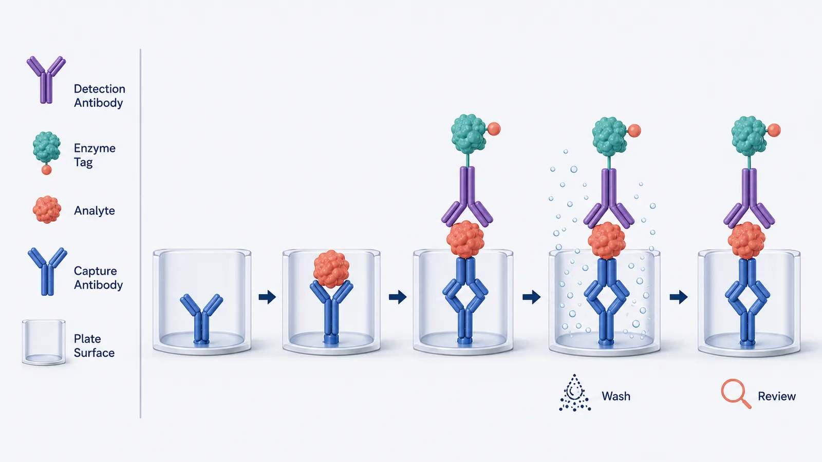 Illustration des ELISA-Assays mit englischen Beschriftungen für Plattenoberfläche, Bindungskomponenten, Waschen, Kontrollen und Überprüfung