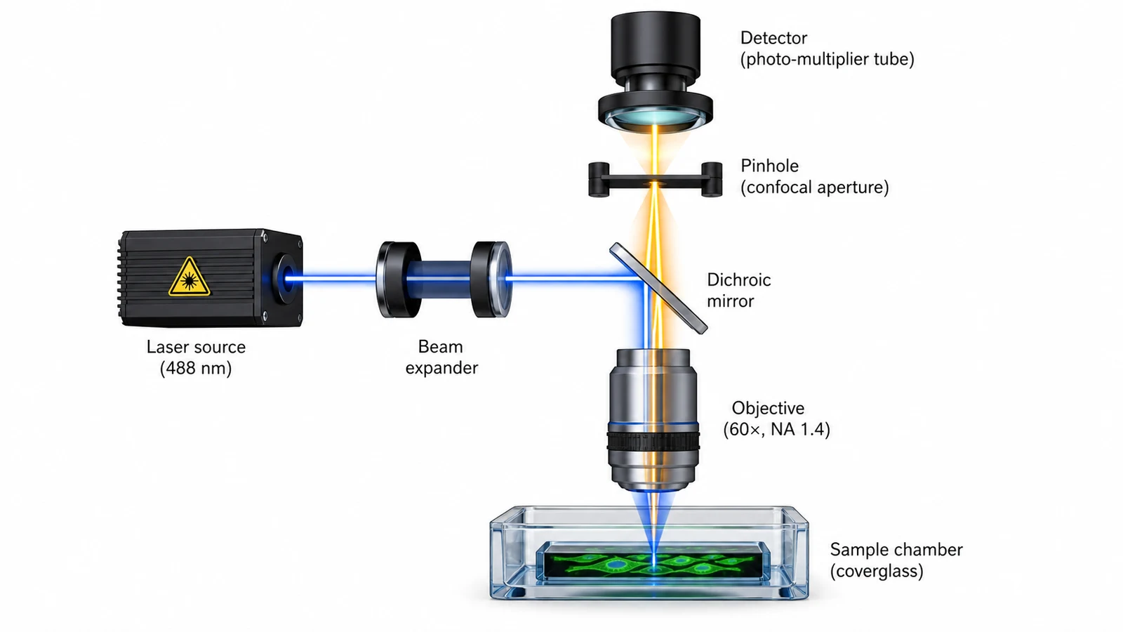 Strahlengang der konfokalen Mikroskopie mit Laser, dichroitischem Spiegel, Objektiv, Probe, Lochblende, Detektor und englischen Beschriftungen