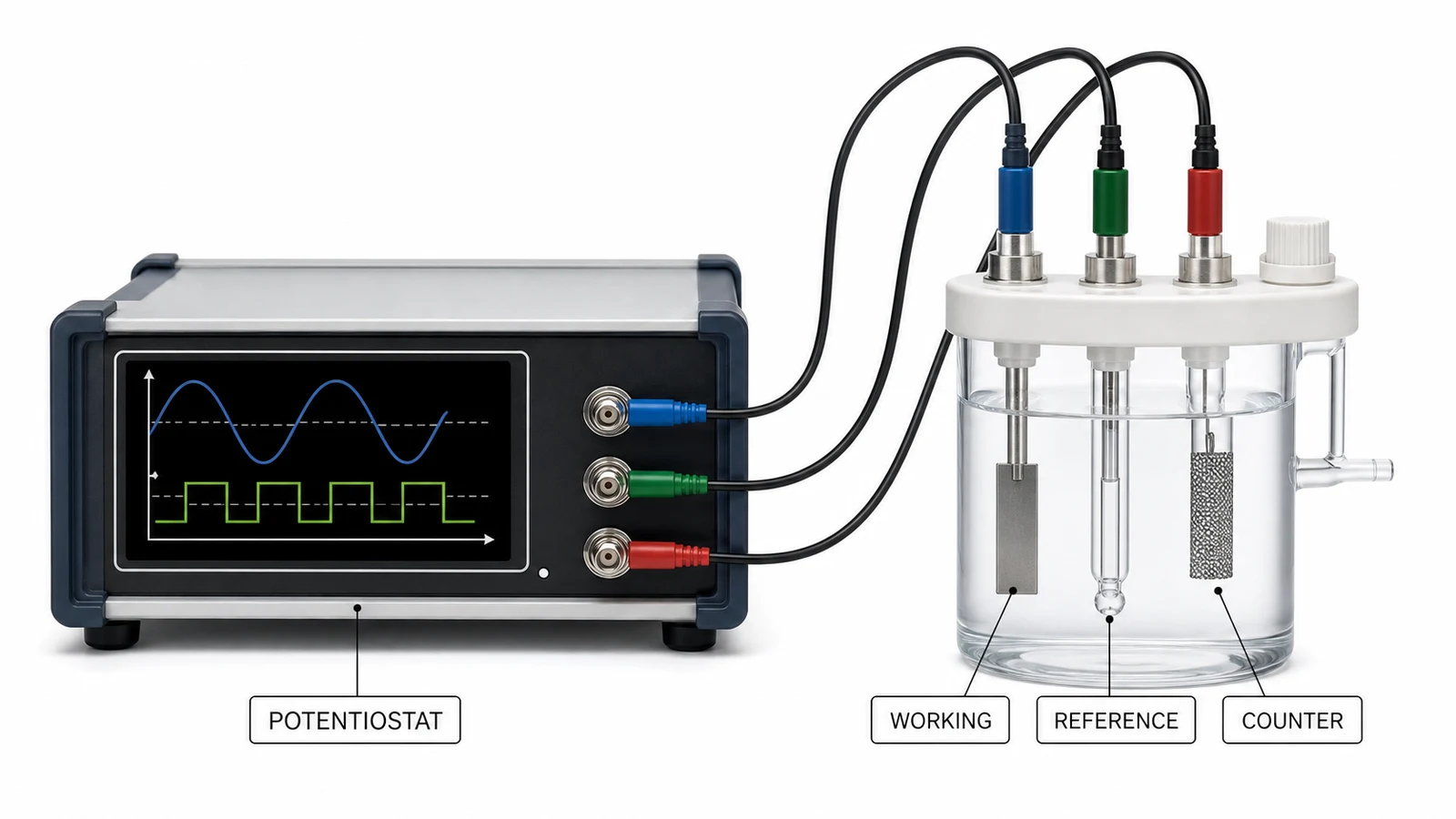 Aufbau einer elektrochemischen Zelle mit drei Elektroden, Potentiostat, Arbeits-, Referenz- und Gegenelektroden sowie englischen Beschriftungen