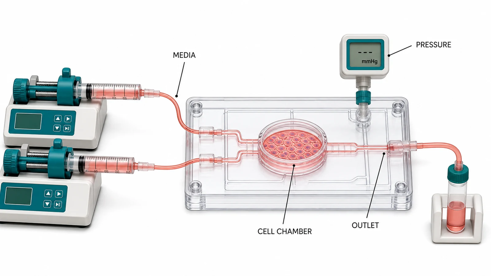 Versuchsaufbau zur mikrofluidischen Perfusion mit Einlasspumpen, Zellkammer, Auslass, Drucksensor und englischen Beschriftungen