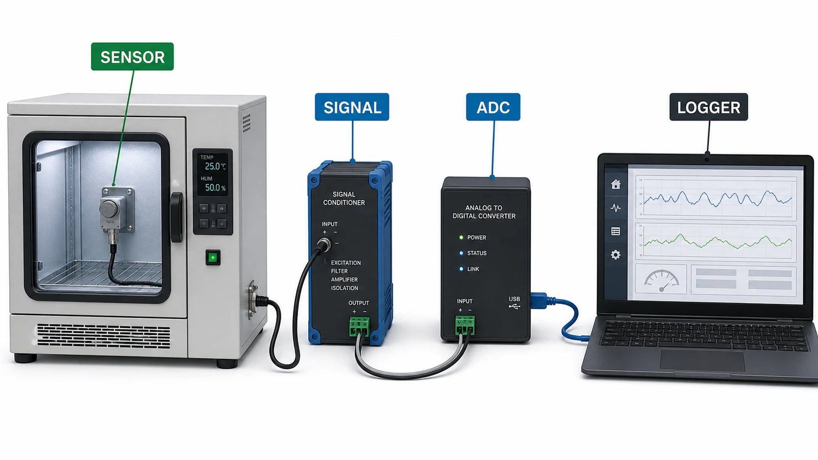 Sensor data acquisition setup with sensor, signal conditioner, ADC, logger, and English labels