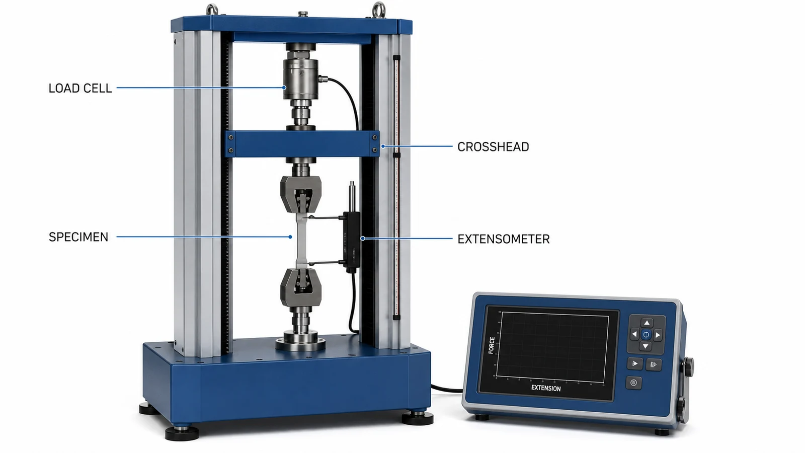 Configuration d'essai de traction avec cellule de pesée, éprouvette, extensomètre, traverse et libellés en anglais