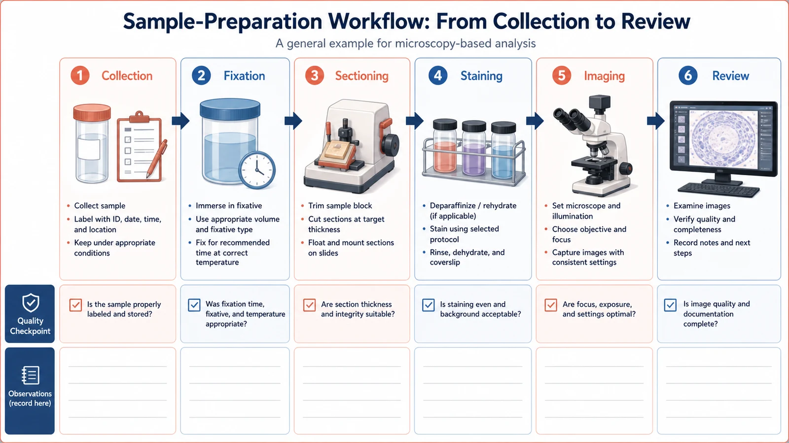 Probenvorbereitungs-Workflow mit Sammlung, Stabilisierung, Vorbereitung, Qualitätsprüfung und englischen Beschriftungen