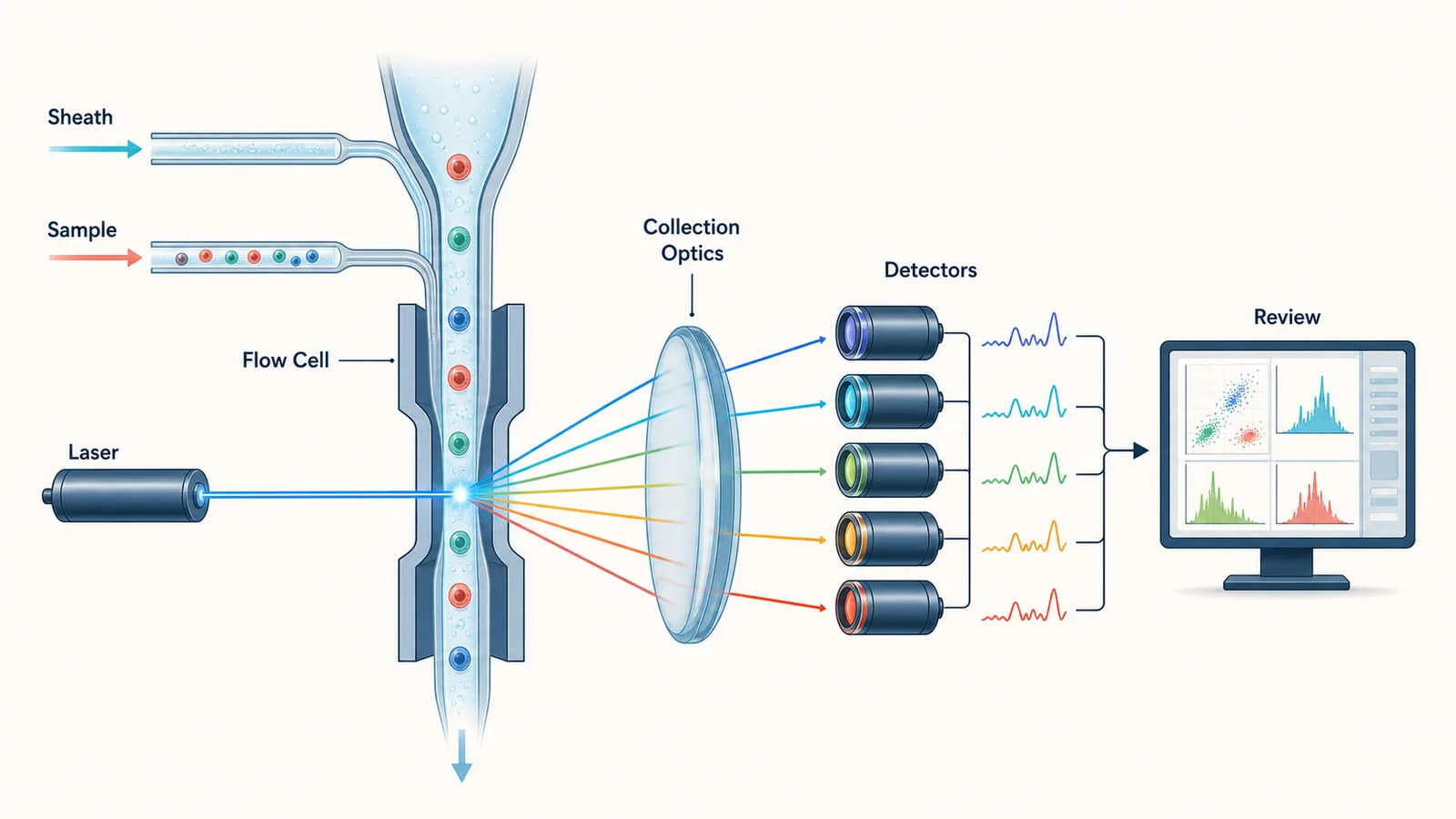 Diagramm des Durchflusszytometer-Instruments mit Probeneinlass, Hüllflüssigkeit, Durchflusszelle, Laser, Optik, Detektoren, Signalen und Überprüfung