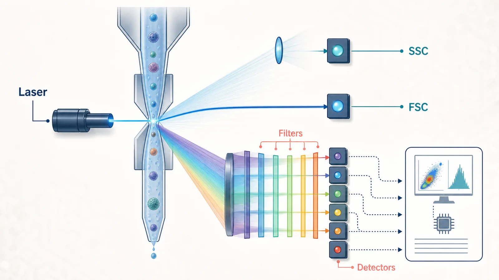 Optisches Pfaddiagramm der Durchflusszytometrie mit Laser, Durchflusszelle, Vorwärtsstreuung, Seitenstreuung, Emissionsfiltern, Detektoren und Signalverarbeitung