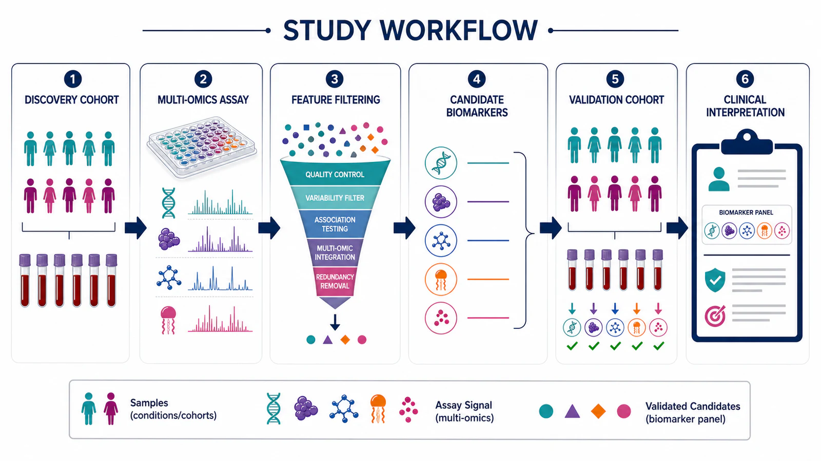Résumé graphique du flux de travail de découverte de biomarqueurs avec libellés en anglais pour les cohortes, les tests, le filtrage et la validation