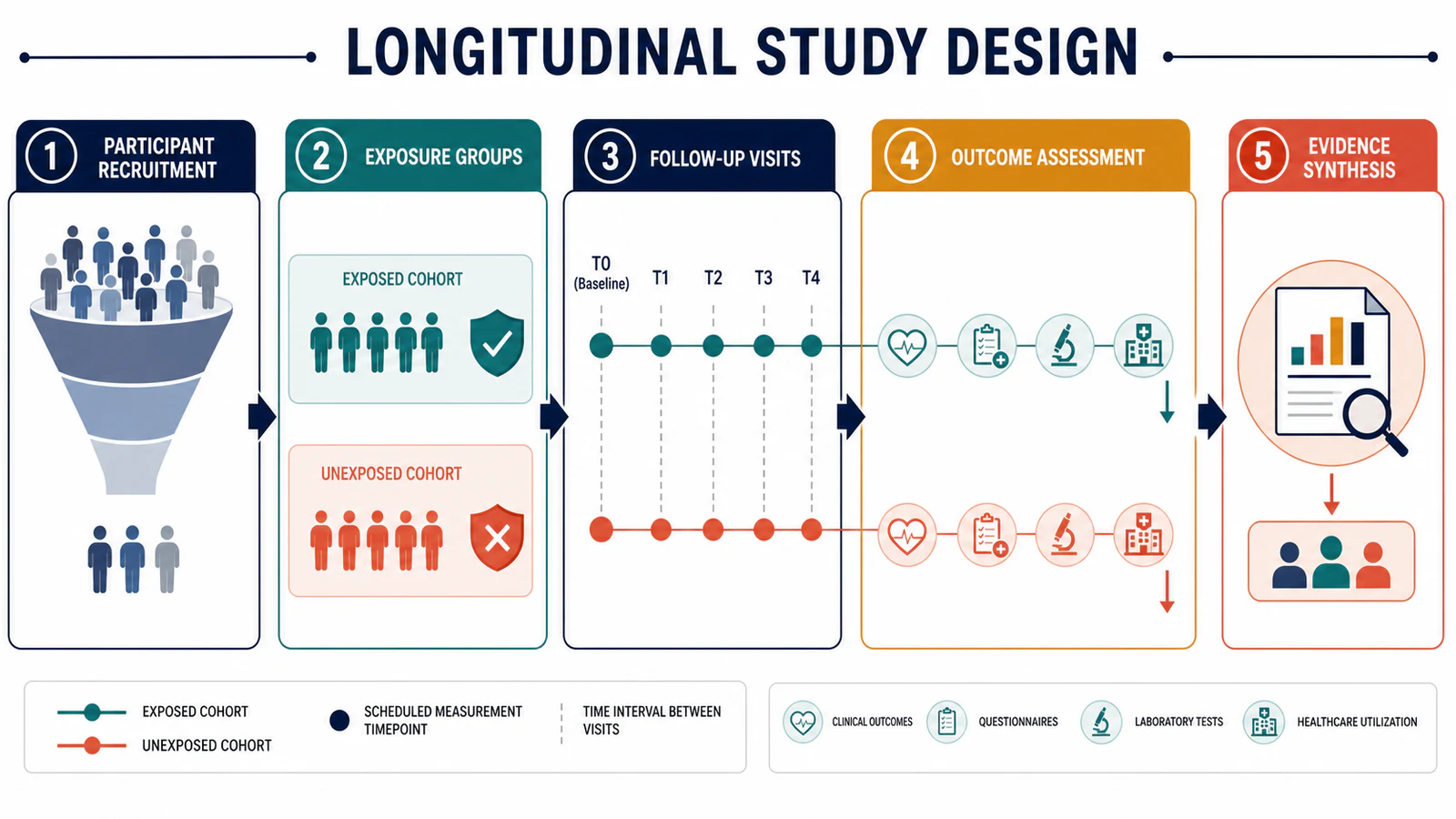 Résumé graphique de conception d'étude de cohorte longitudinale avec des libellés en anglais pour le recrutement, les groupes d'exposition, les visites et les résultats