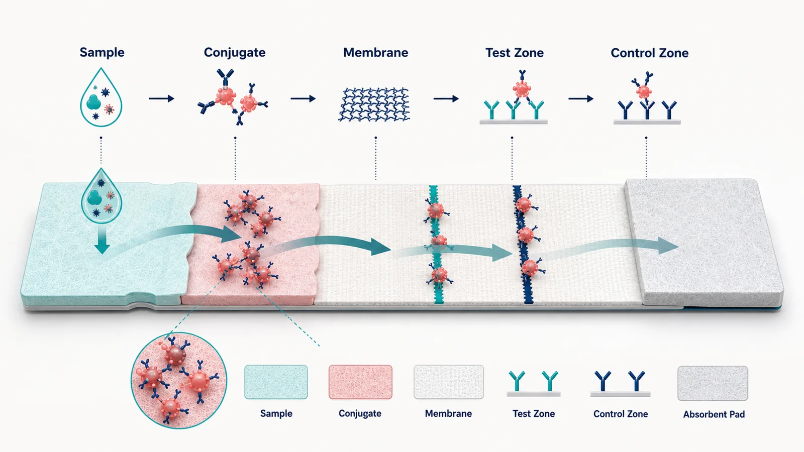 Illustration des Lateral-Flow-Assays mit englischen Beschriftungen für Probenweg, Streifenarchitektur, Kontrollzone und Überprüfung