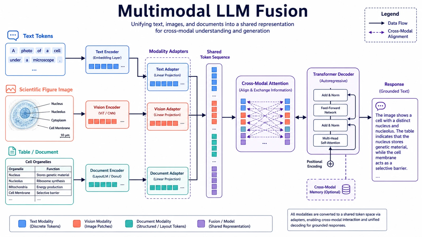Multimodale LLM-Fusion-Lehrtafel mit englischen Beschriftungen für Text-Tokens, wissenschaftlichem Abbildungsbild, Tabellendokument, Modalitätsadaptern, gemeinsamer Token-Sequenz, modalübergreifender Aufmerksamkeit, Transformer-Decoder und geerdeter Antwort