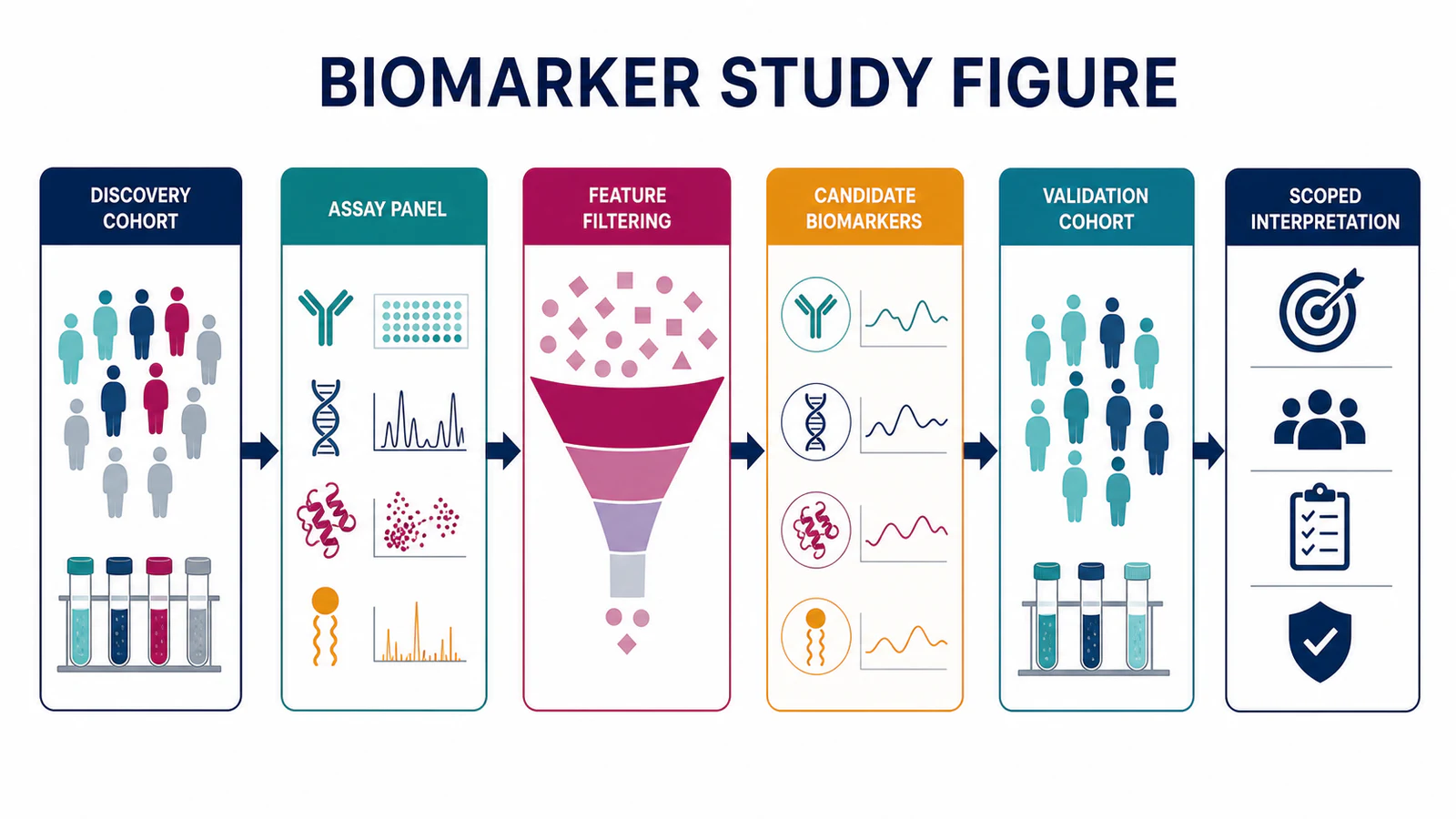 Figura manuscrita de biomarcador con etiquetas en inglés para cohorte, ensayo, filtrado, validación e interpretación.