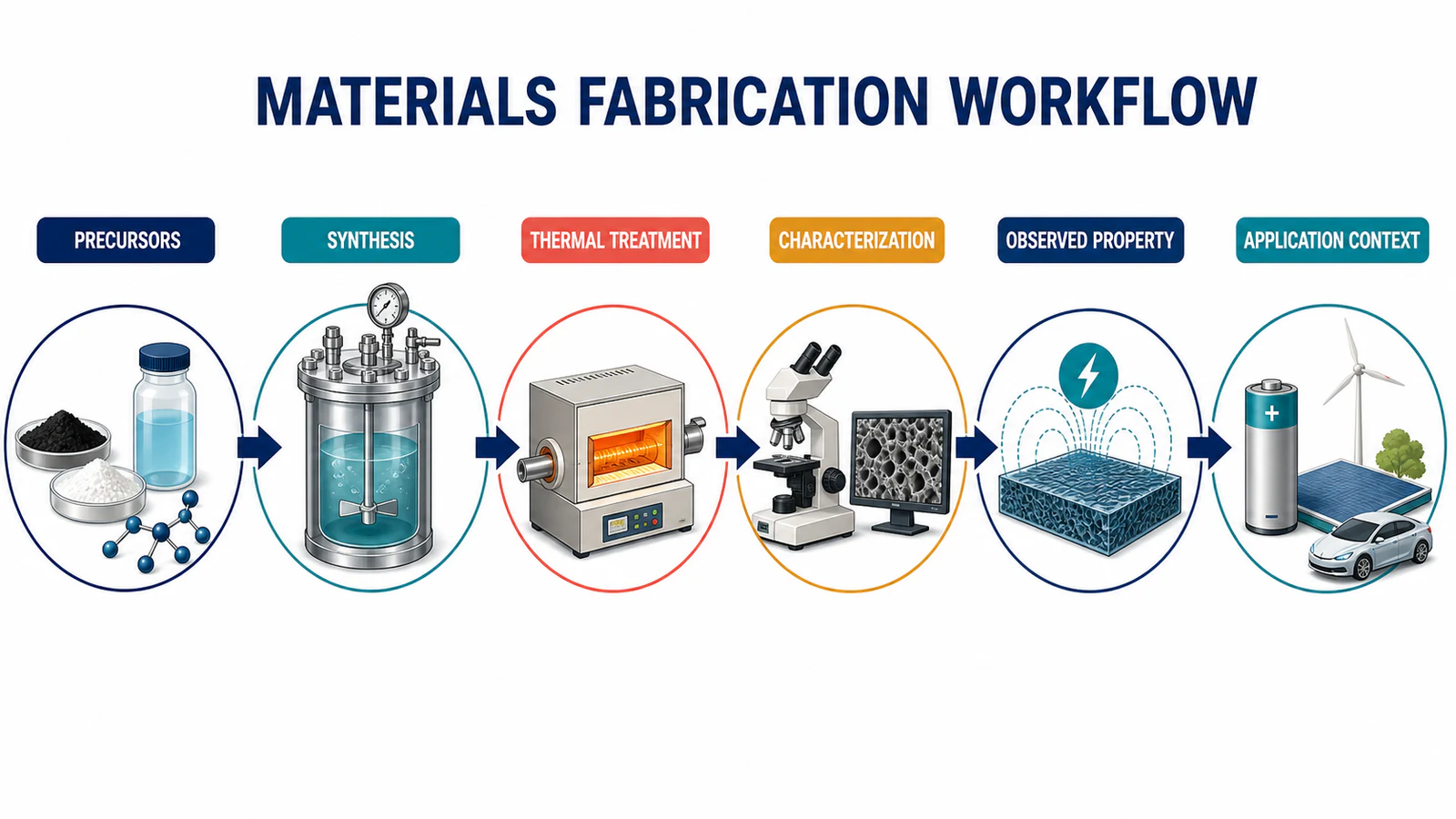 Figura del flujo de trabajo de fabricación de materiales con etiquetas en inglés para precursor, síntesis, tratamiento, caracterización y aplicación.