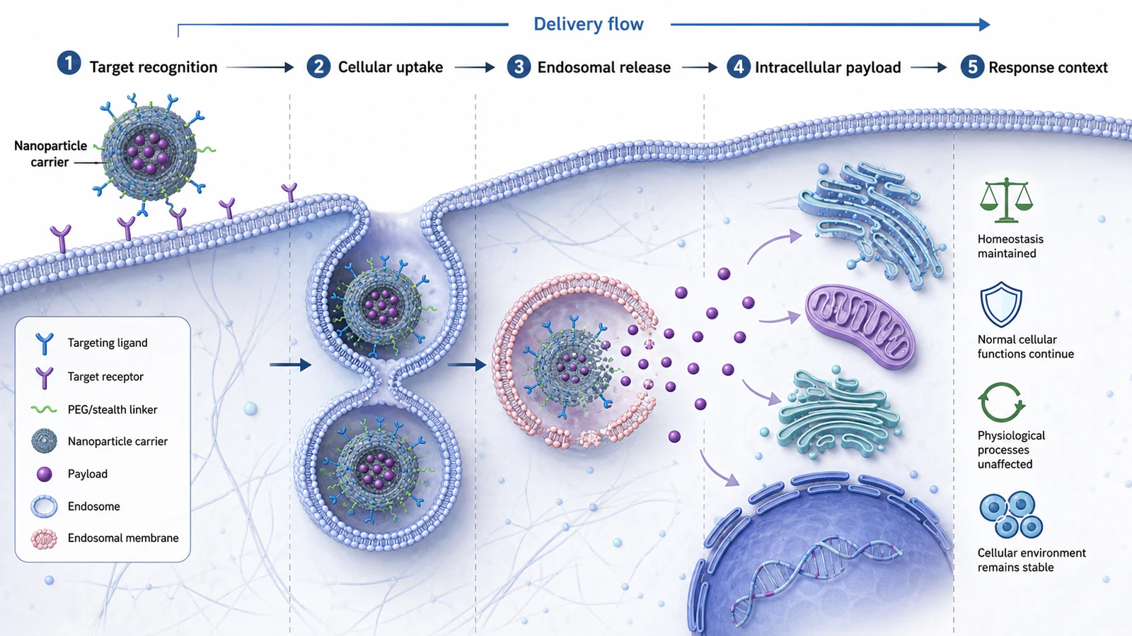 Nanopartikel-Abgabemechanismus mit englischen Bezeichnungen für Träger, Zielerkennung, zelluläre Aufnahme, Freisetzung und Nutzlast