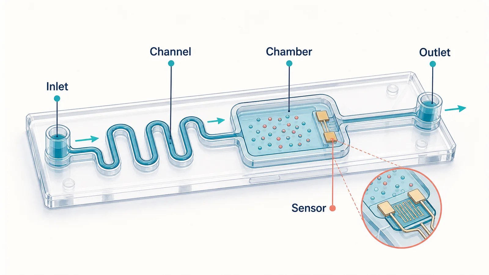 Anatomiediagramm eines mikrofluidischen Chips mit Einlass, Serpentinenkanal, Kammer, Elektrode, Sensor, Auslass und Flusspfeilen