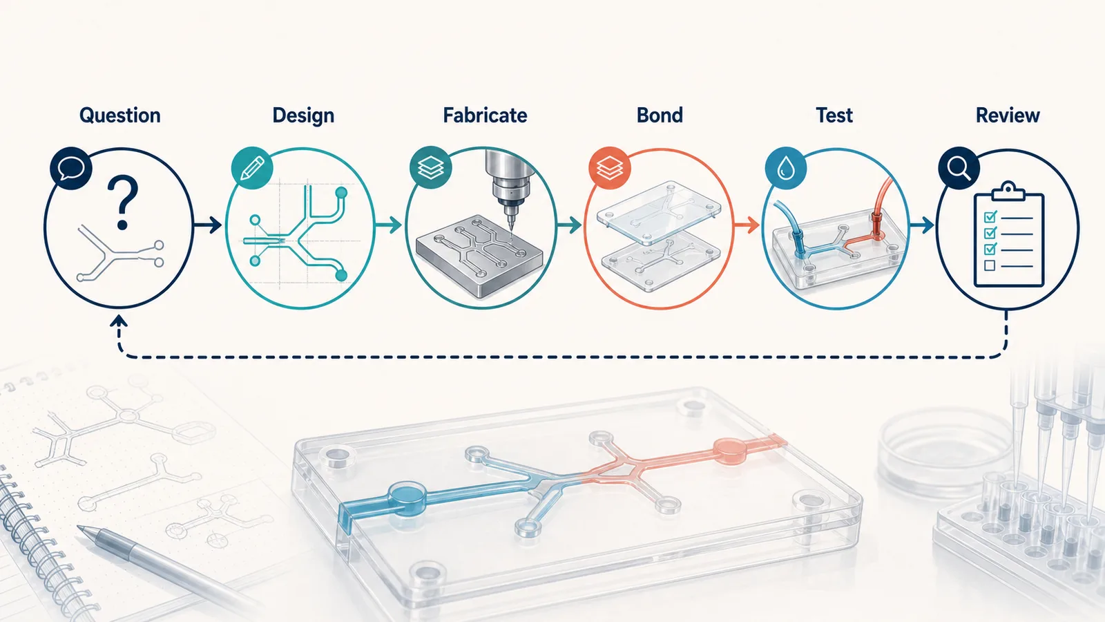 Arbeitsablauf für das Design mikrofluidischer Geräte mit Fragen, Design, Herstellung, Verbindung, Durchflusstest, Überprüfung und Iteration
