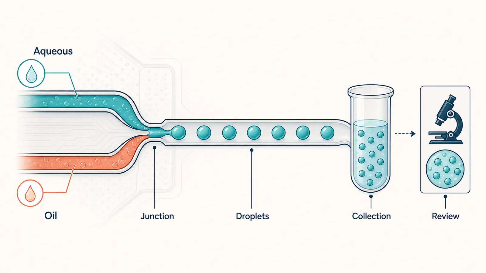 Diagramm der Tröpfchen-Mikrofluidik mit wässrigem Einlass, Öleinlass, strömungsfokussierender Verbindung, Tröpfchen, Sammlung und Überprüfung