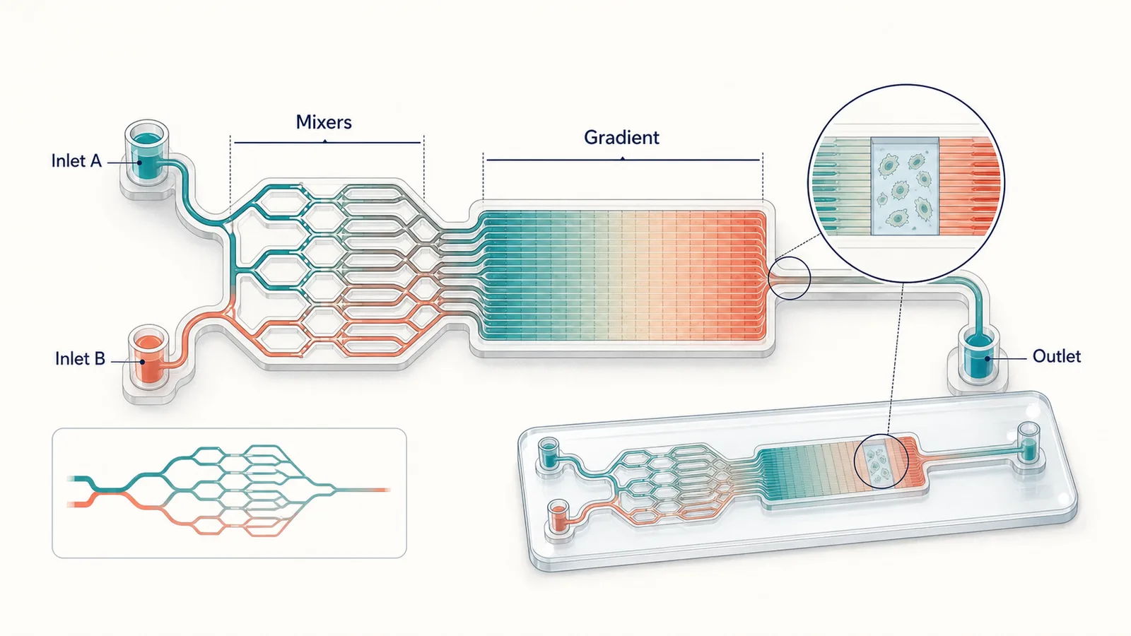 Mikrofluidischer Gradientengenerator mit zwei Einlässen, Verzweigungsmischer, Gradientenkammer, Erfassungsbereich und Auslass