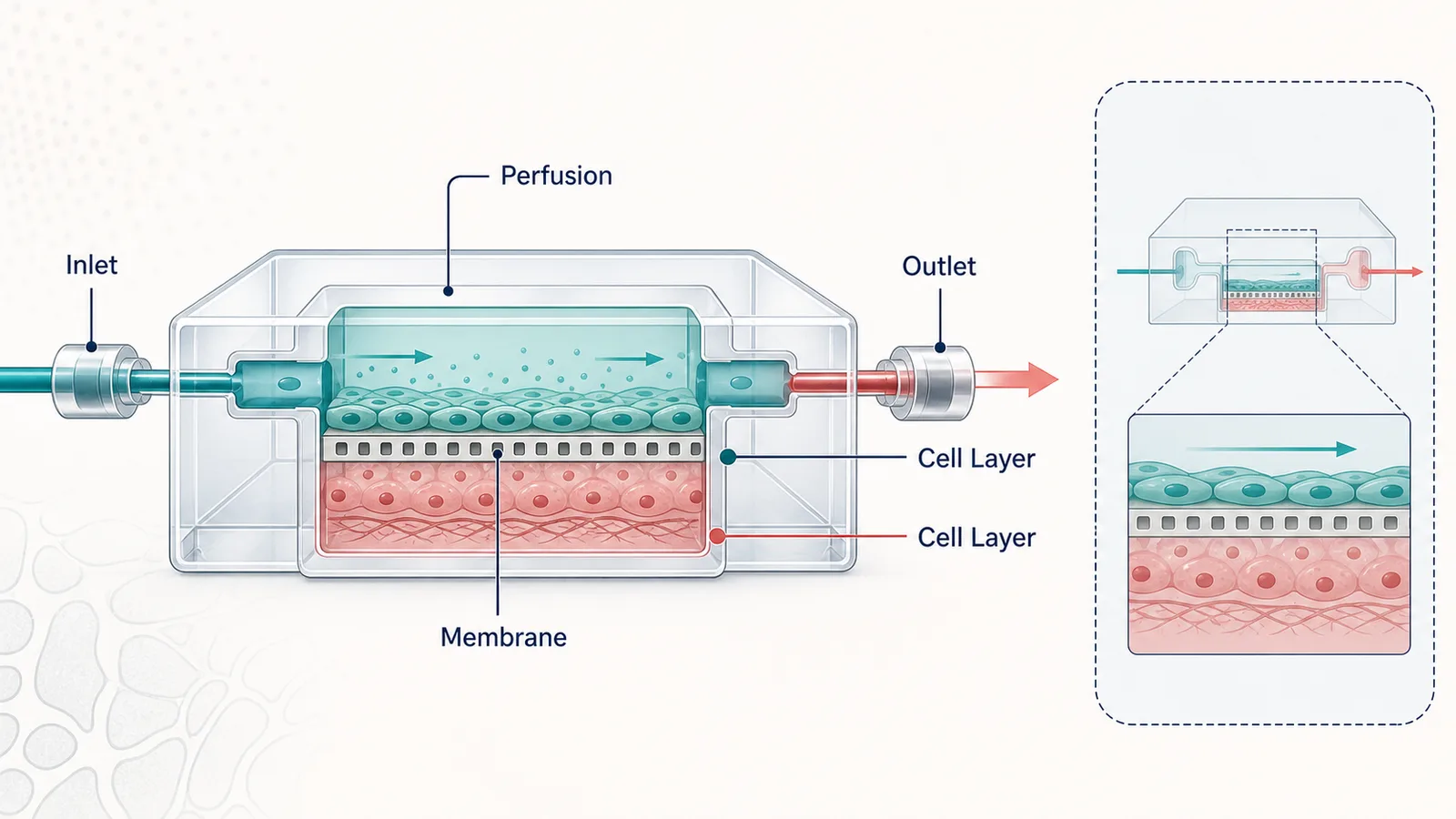 Organ-on-Chip-Diagramm mit Perfusionskanälen, poröser Membran, zwei Zellkompartimenten, Einlass, Auslass und Überprüfungsplatzhalter