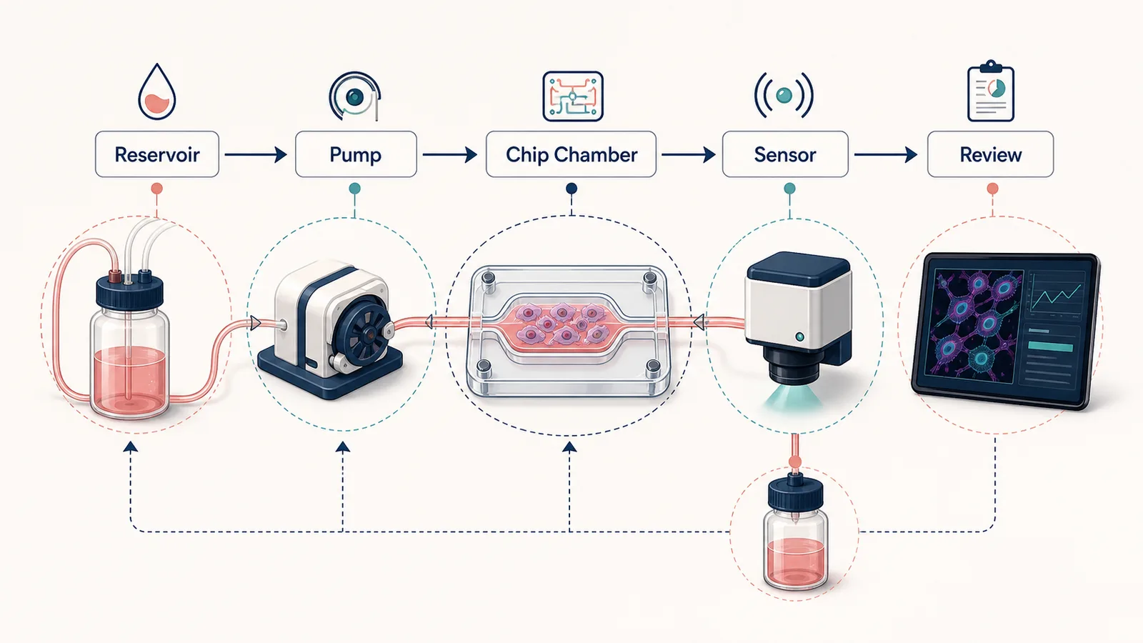 Mikrofluidischer Zellkultur-Perfusions-Workflow mit Reservoirs, Pumpe, Chip-Kammer, Sensor, Sammlung und Überprüfung