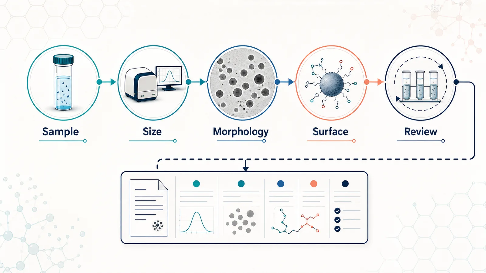 Planungsdiagramm zur Charakterisierung von Nanopartikeln mit Probe, Größenprüfung, Morphologieprüfung, Oberflächenprüfung, Stabilitätsprüfung und Berichtsplatzhalter