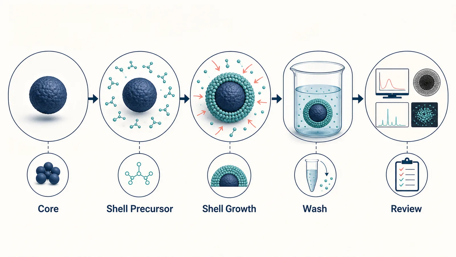 Kern-Schale-Nanopartikel-Bildungsdiagramm mit Kern, Schalenvorläufer, Schalenwachstum, Waschen, Charakterisierung und Überprüfung