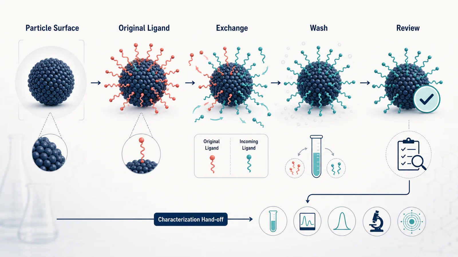 Nanopartikel-Ligandenaustauschdiagramm mit Partikeloberfläche, ursprünglichem Liganden, eingehendem Liganden, Wäsche, Stabilitätsüberprüfung und Charakterisierungsübergabe