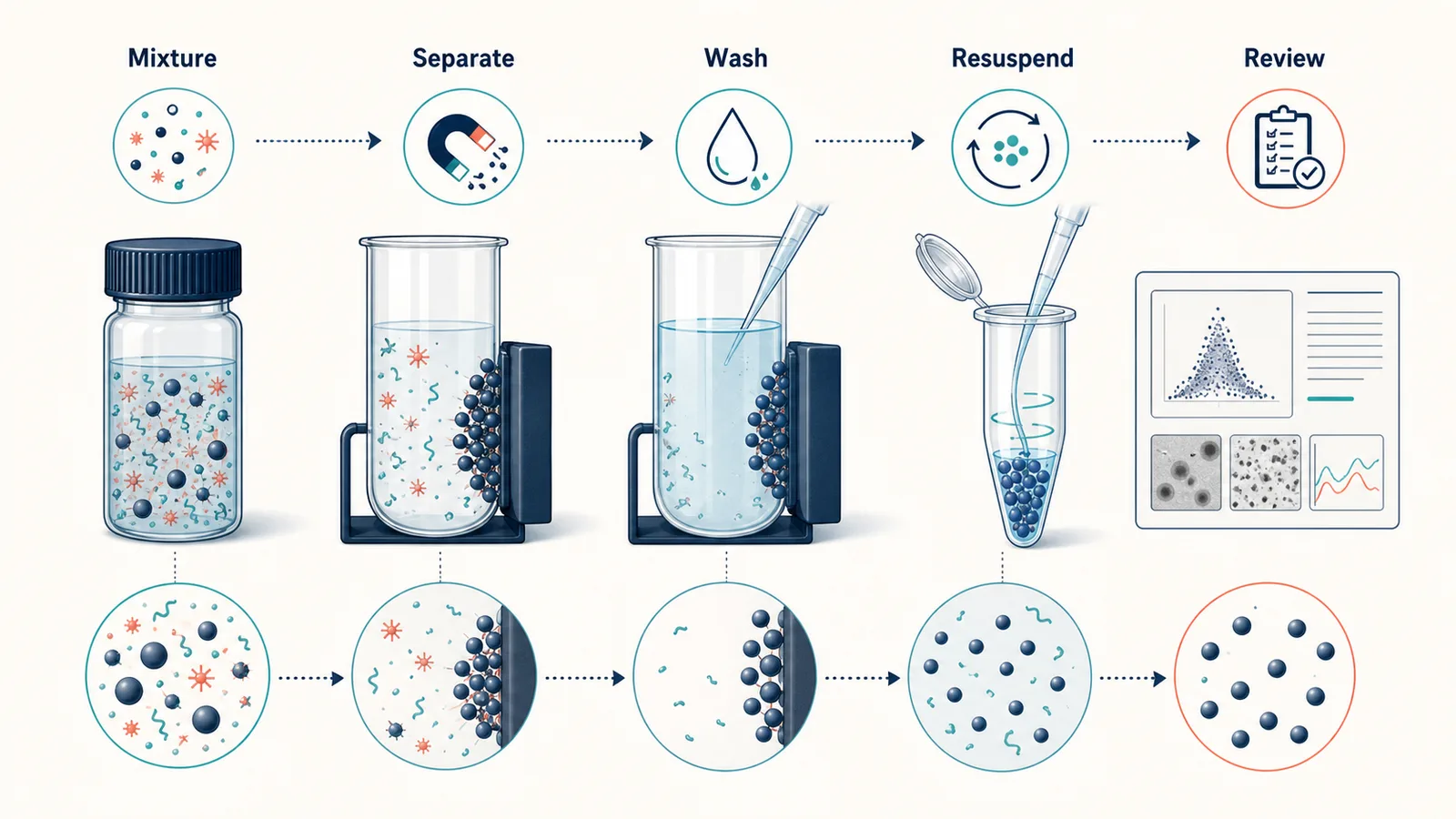 Arbeitsablauf zur Reinigung von Nanopartikeln mit Synthesemischung, Trennung, Waschen, Resuspension, Sammlung und Qualitätsprüfung
