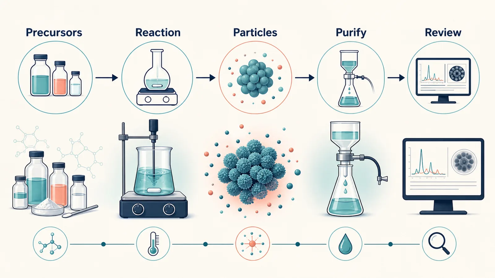 Saatvermitteltes Nanopartikel-Wachstumskonzept mit Saatpartikeln, Wachstumslösung, kontrollierter Zugabe, Partikelwachstum, Waschen und Überprüfung