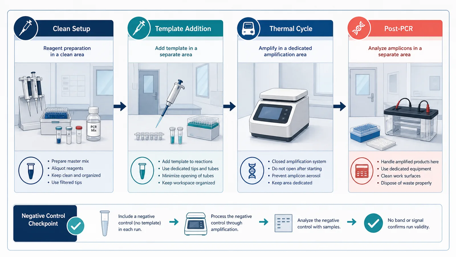 Flujo de trabajo de control de contaminación por PCR que muestra una configuración limpia, adición de plantillas, ciclo térmico, manipulación posterior a la PCR y punto de control de control negativo.