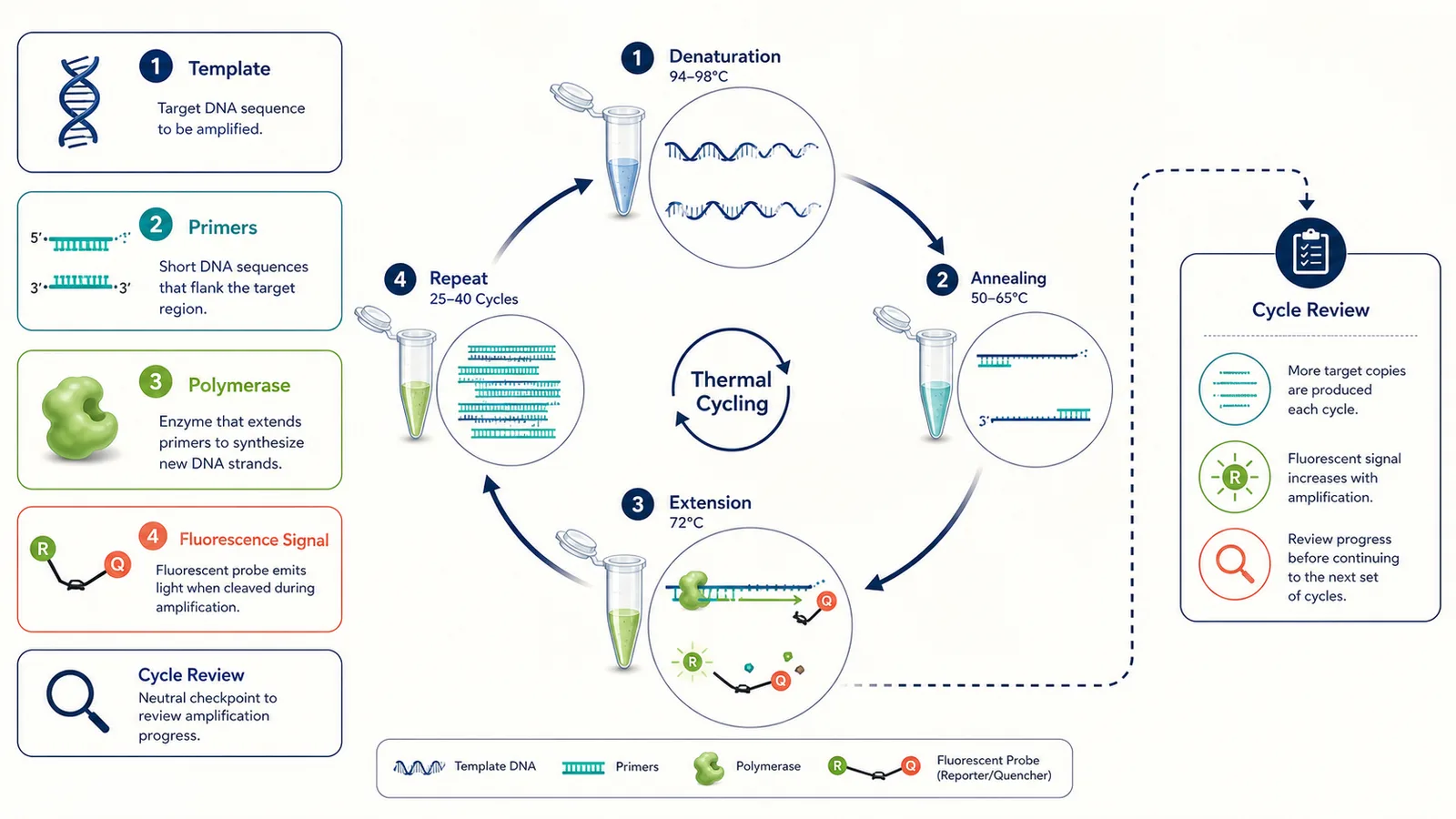 Diagrama conceptual de ciclo térmico de PCR con etiquetas en inglés para plantilla, cebadores, polimerasa, señal de fluorescencia y revisión de ciclo
