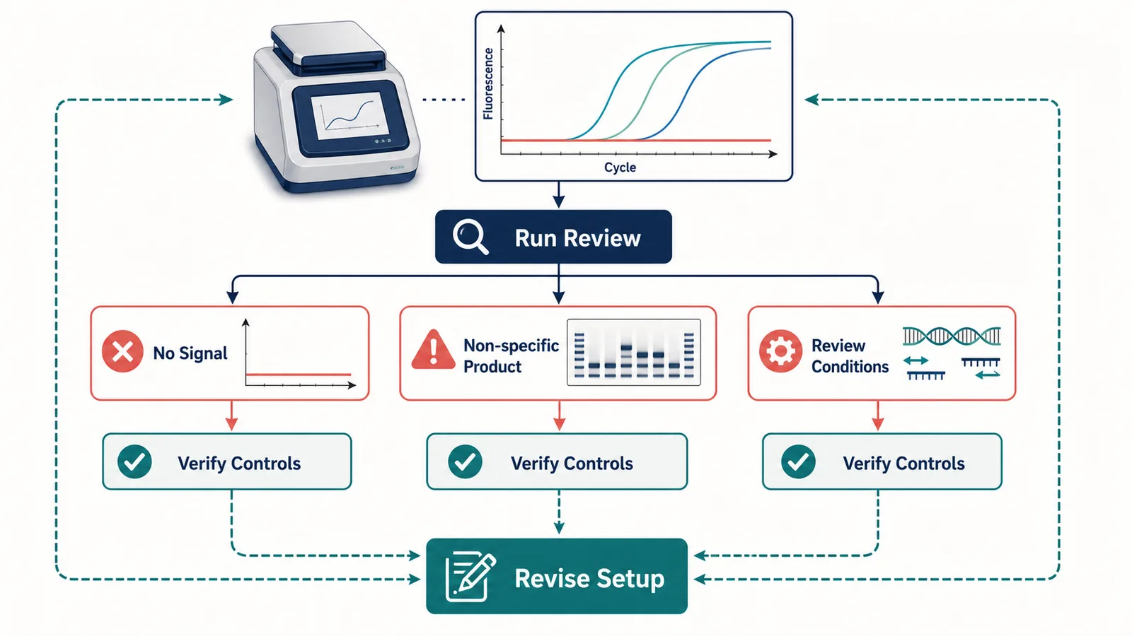 Diagrama de decisión de resolución de problemas de PCR con revisión de ejecución, sin señal, producto no específico, verificación de control y configuración revisada