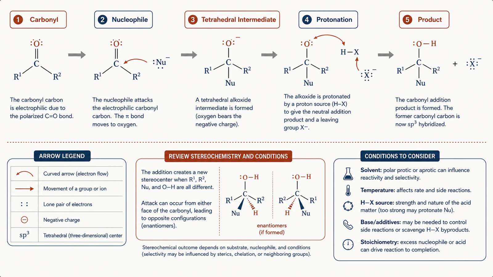Concepto genérico de adición de carbonilo con carbonilo polarizado, ataque nucleofílico, concepto intermedio tetraédrico y etiquetas en inglés