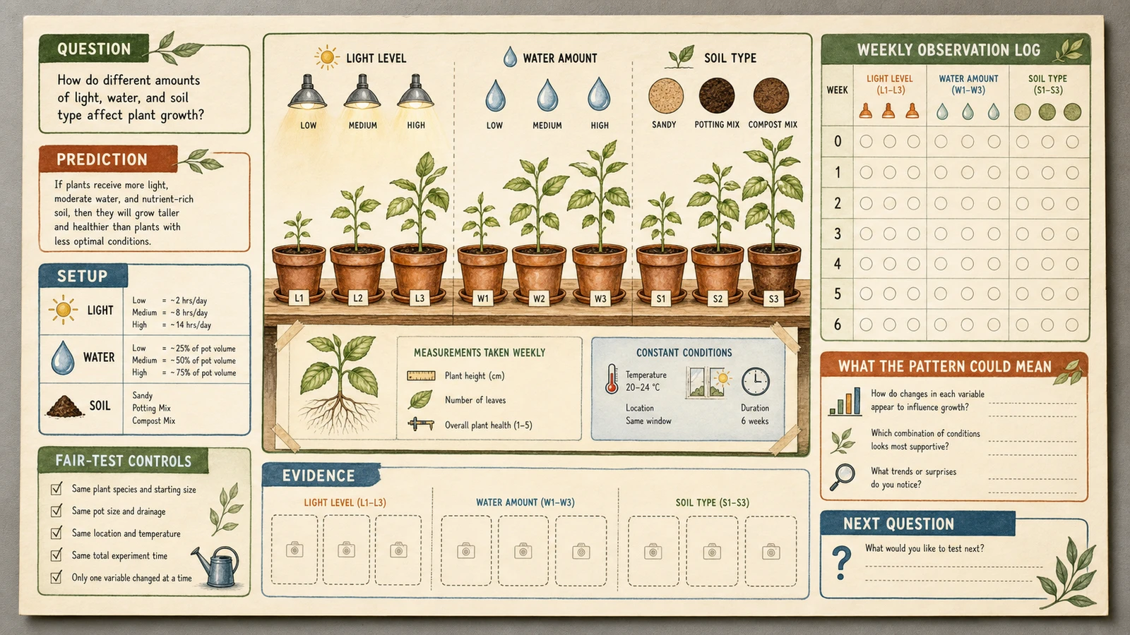 Póster de investigación sobre enseñanza del crecimiento de las plantas con etiquetas en inglés para preguntas, predicciones, configuración, controles de prueba justos, registro de observación semanal, marcadores de posición de evidencia, preguntas de patrones y siguiente pregunta.