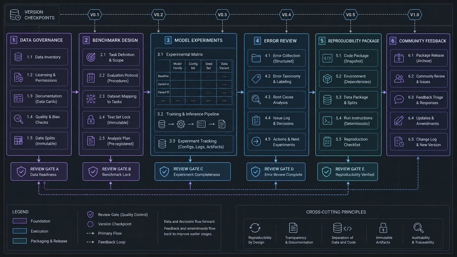 Hoja de ruta de investigación de IA reproducible con etiquetas en inglés para gobernanza de datos, diseño de referencia, experimentos de modelos, revisión de errores, paquete de reproducibilidad, comentarios de la comunidad y puertas de revisión