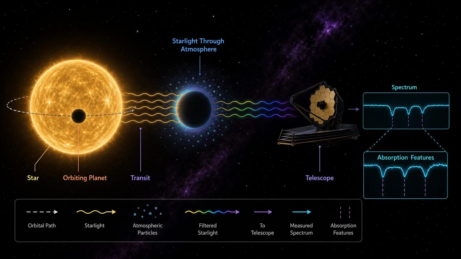 Erklärung der Exoplaneten-Transitspektroskopie mit englischen Beschriftungen für Stern, umlaufender Planet, Transit, Sternenlicht durch die Atmosphäre, Teleskop, Spektrum und Absorptionsmerkmale