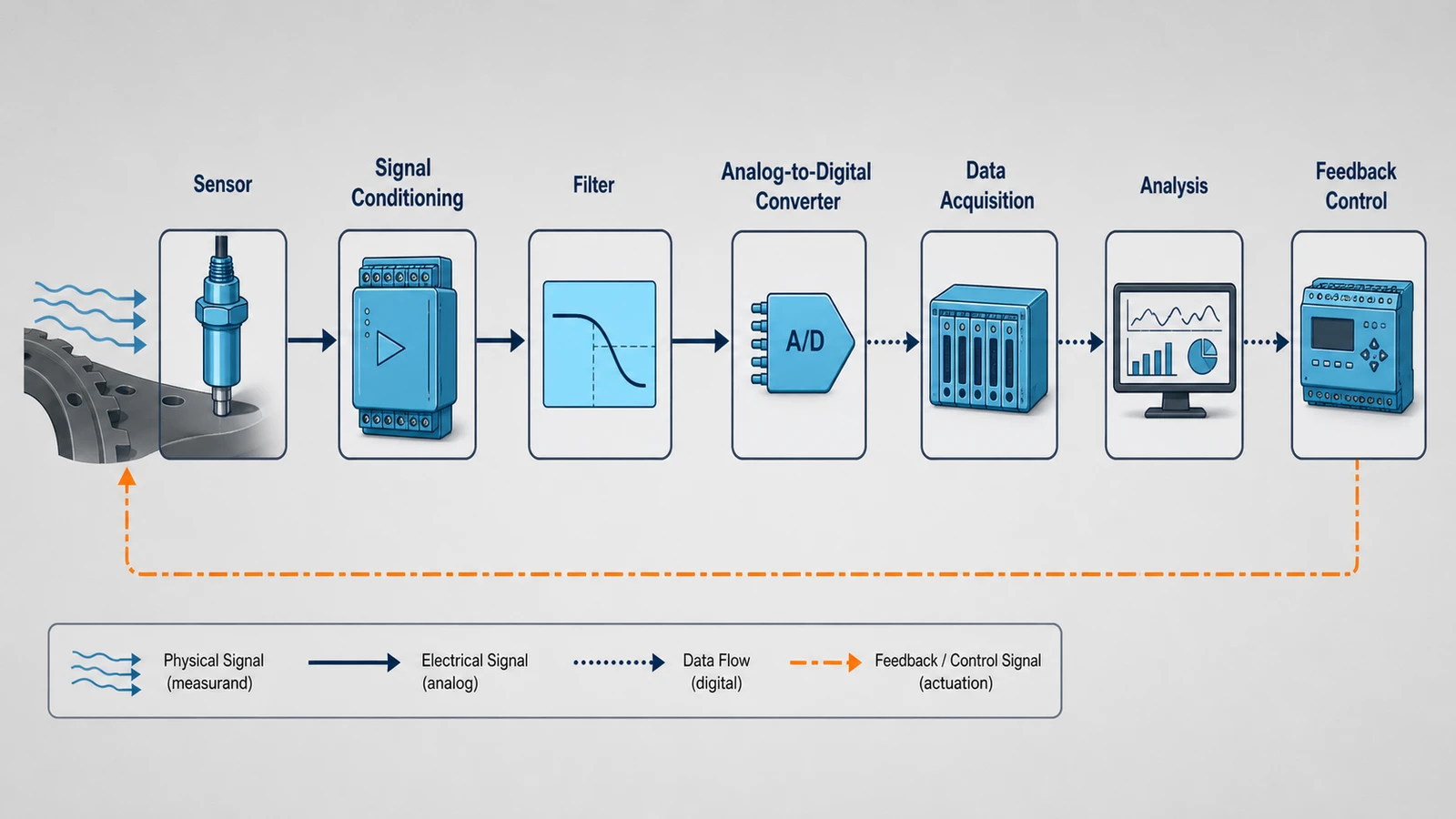 Technisches Messsystem mit englischen Beschriftungen für Sensor, Signalaufbereitung, Filter, Analog-Digital-Wandler, Datenerfassung, Analyse, Rückkopplungssteuerung und Durchflusslegende