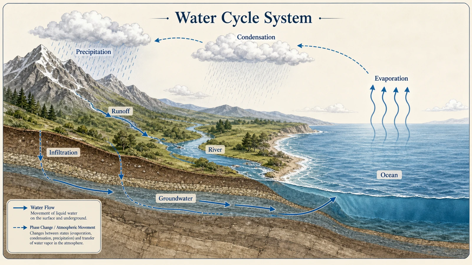 Placa didáctica del sistema del ciclo del agua con etiquetas en inglés para evaporación, condensación, precipitación, escorrentía, infiltración, aguas subterráneas, ríos y océanos.