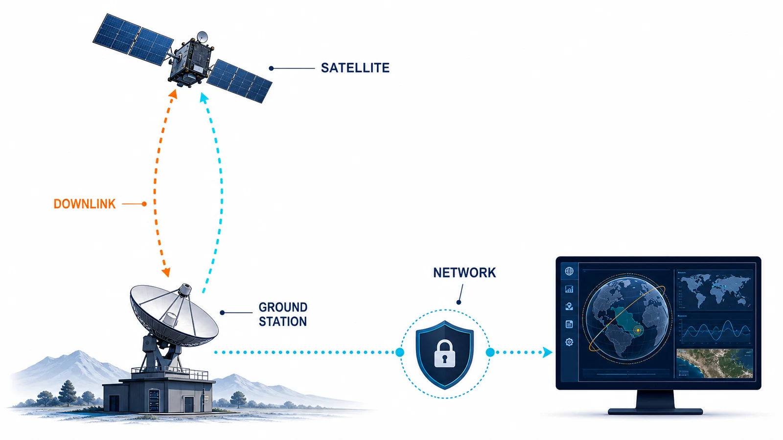 Schéma de communication satellite-sol avec satellite, liaison descendante, station au sol, réseau, tableau de bord et libellés en anglais