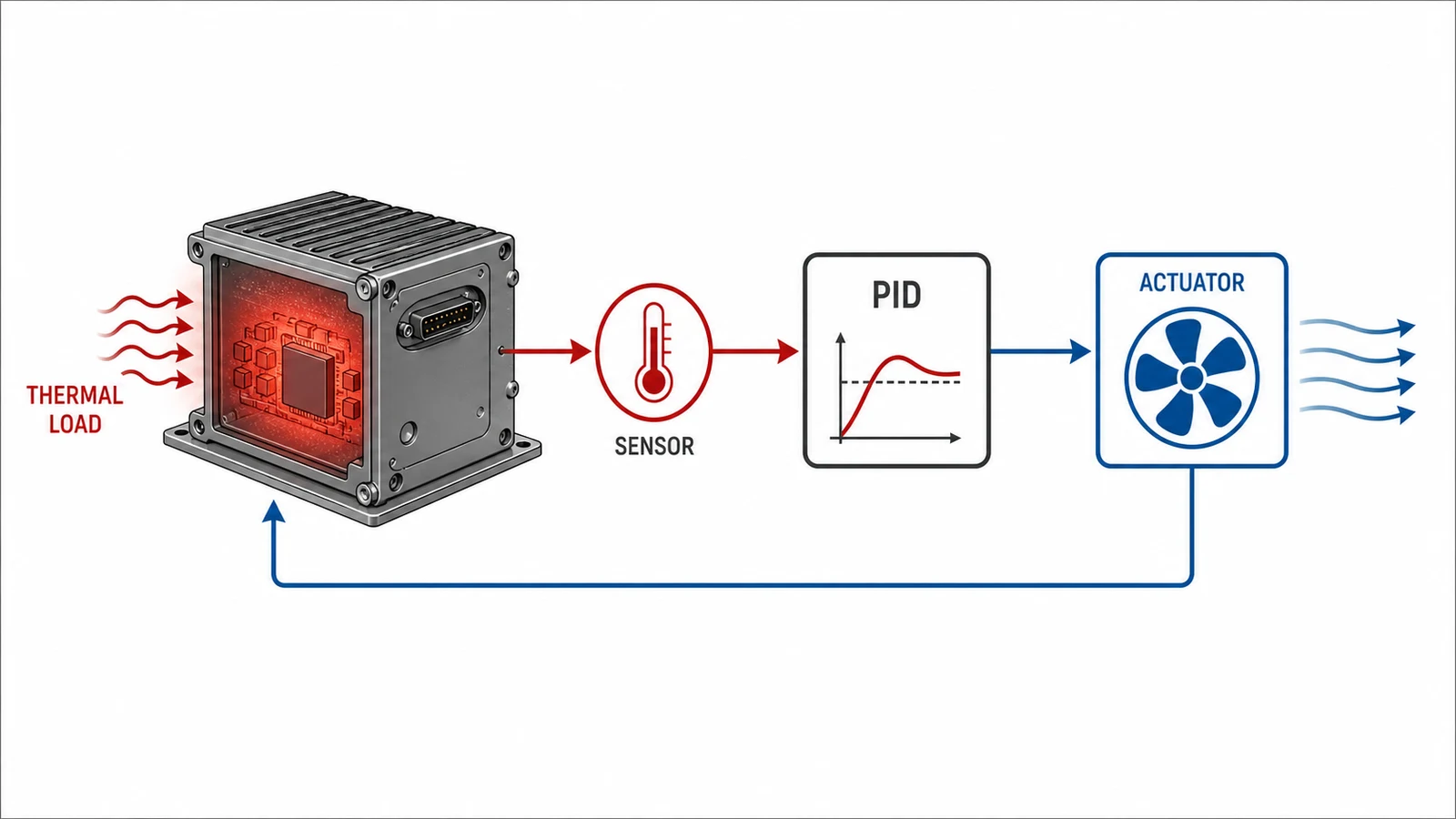 Schéma de retour de contrôle thermique avec charge thermique, capteur, contrôleur PID, actionneur et libellés en anglais