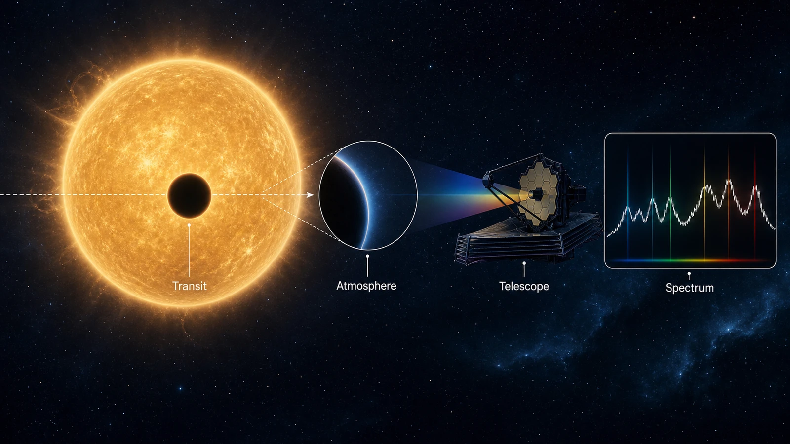 Grafik zum Inhaltsverzeichnis der Exoplaneten-Transitspektroskopie mit englischen Beschriftungen für Transit, Atmosphäre, Teleskop und Spektrum