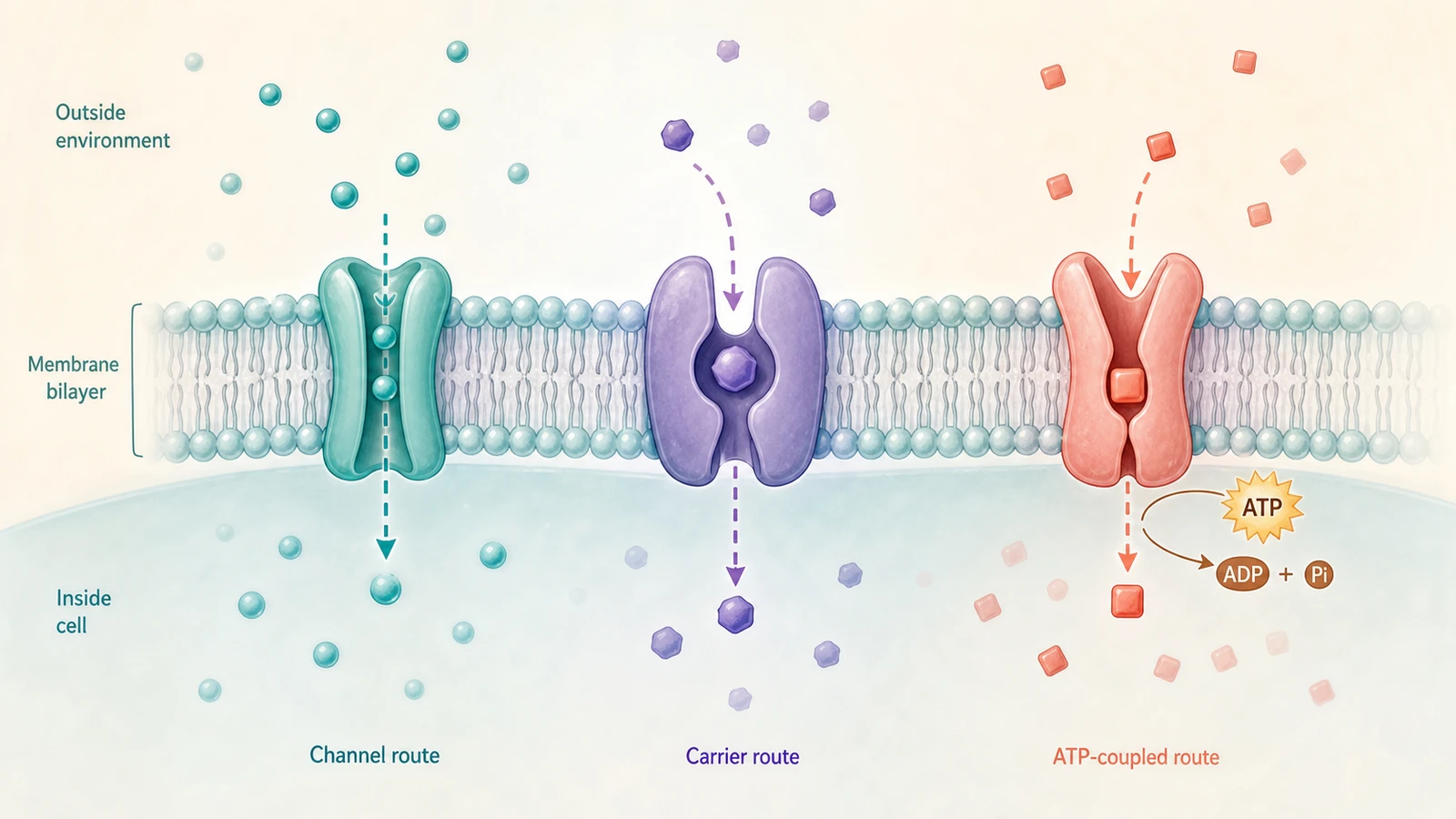 Grafik zum Inhaltsverzeichnis des Zellmembrantransports mit englischen Beschriftungen für äußere Umgebung, Membrandoppelschicht, Kanalroute, Trägerroute, ATP-gekoppelte Route und innere Zelle