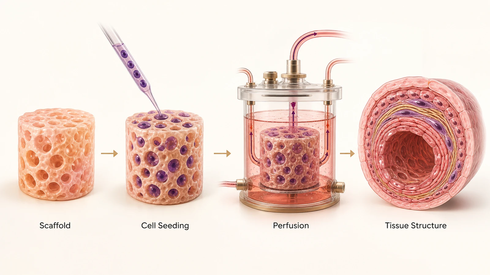 Grafik zum Inhaltsverzeichnis des Tissue Engineering mit englischen Beschriftungen für Gerüst, Zellaussaat, Perfusion und Gewebestruktur