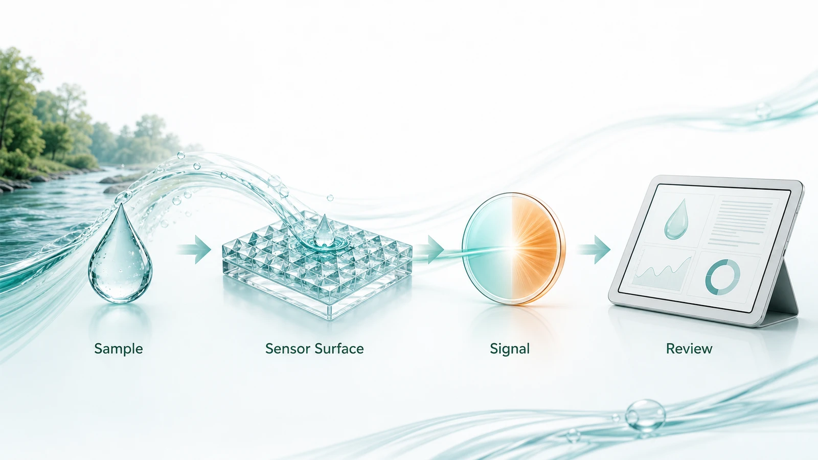 Grafik zum Inhaltsverzeichnis der Wassersensorik mit englischen Beschriftungen für Probe, Sensoroberfläche, Signal und Überprüfung
